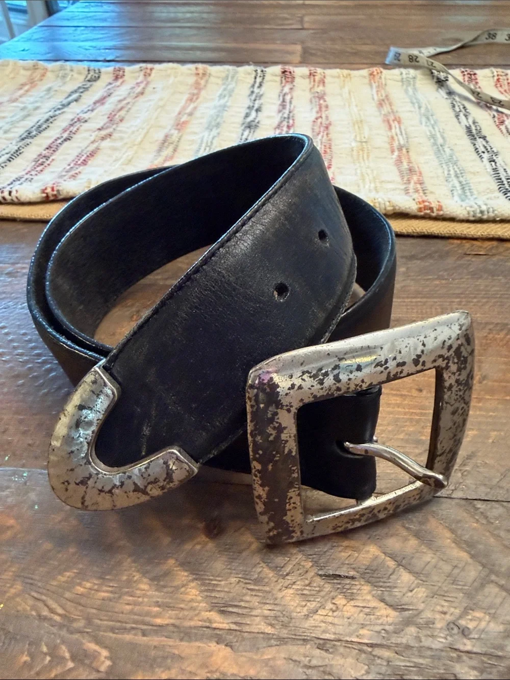 Vintage 1995 Brighton Black Leather Square Buckle Belt Size L 49403 Distressed